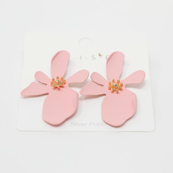 Large Pink Flower Earrings with Gold Center Detail - Picture 11 of 12
